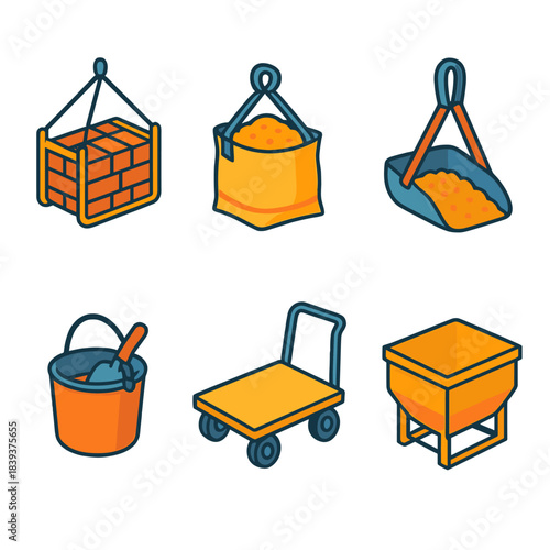 Construction Load Tools. Construction Load Handling isometric flat set: brick carrier, cement tote, aggregate scoop, lifting strap, tool bucket, trolley cart, chute funnel, supply