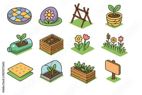 Garden Craft Icons. Garden Craft Concepts isometric flat set: mosaic stepping stone, painted rock marker, twig trellis, rope planter, recycled bottle planter, compost crate,