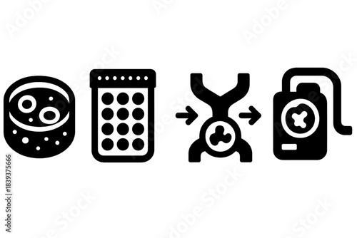 Brutalist Bio-Tech Icons. Living Material Production silhouette set: bio-gel matrix, cell farm cartridge, metabolic pump.