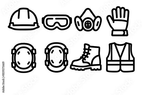 Essential Safety Gear. Protective Gear Essentials linear set: safety helmet, goggles, respirator mask, padded gloves, knee pads, elbow guards, sturdy boots, high-visibility vest.