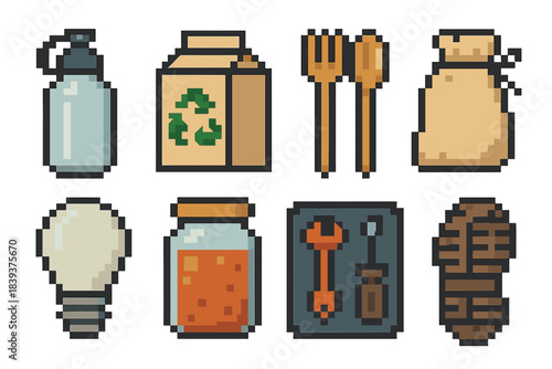Sustainable Icon Set. Sustainable Consumer Options pixel style set: refill bottle, recycled carton, bamboo utensil, cloth pouch, energy-saving bulb, bulk jar, repair kit, durable
