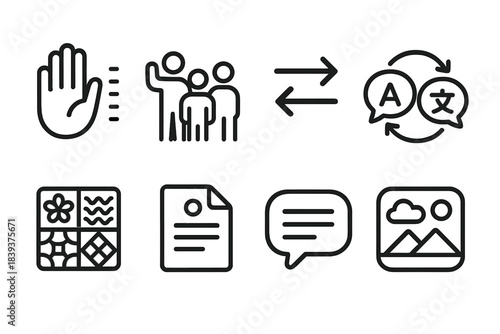 Cultural Sensitivity Icons. Cultural sensitivity icons linear set: gesture guide, scenario outline, meaning shift marker, translation loop, cultural pattern tile, explanation sheet