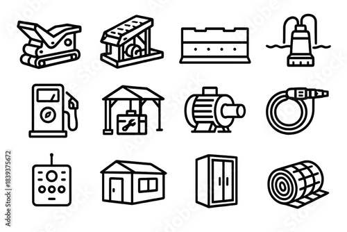 Mining Icons Collection. Integrated Mining Solutions linear set: crushing module, screening deck, haul road barrier, pit dewatering pump, fuel service station, maintenance shelter,