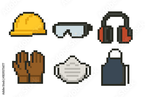 Protective Gear Icons. Protective Gear Elements set of icons in flat pixel vector style: helmet icon, safety glasses, hearing muffs, work gloves, dust mask, protective apron.