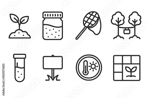 Ecological Study Icons. Ecological Field Study linear set: plant sprout, soil sample jar, insect net, canopy line, water testing vial, habitat marker, climate gauge, nature grid.