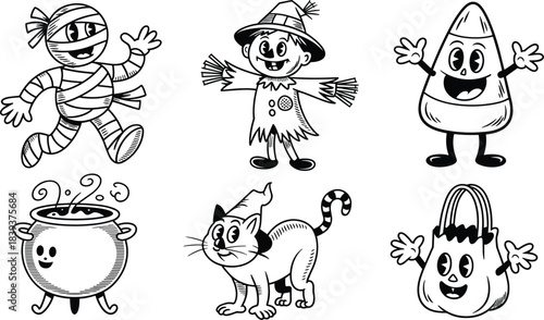 Vintage Halloween Cartoon Characters Mummy Scarecrow Candy Corn Cauldron Black Cat and Candy Mascots Set