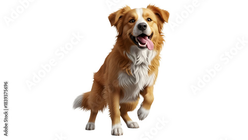 Energetic dog with playful and goofy expression, detailed fur, lively posture, centered on pure white background, ideal for pet, animal, fun, and lifestyle visuals.