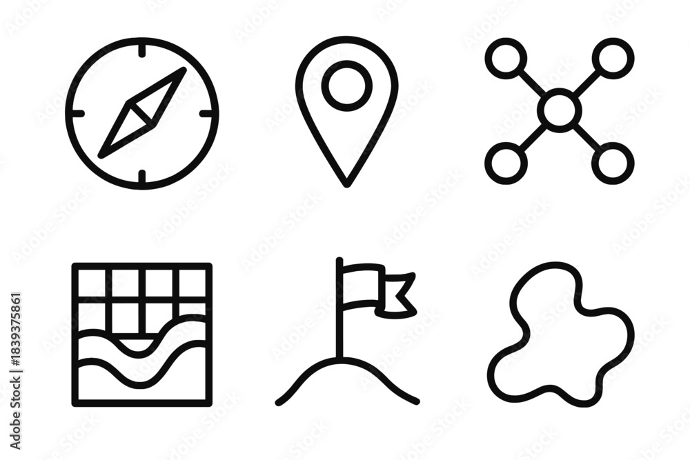 Fototapeta premium Compass and Nodes Mapping. Exploratory Design Mapping linear set: compass marker, concept nodes, connecting threads, terrain grid, discovery flag, evolving shape.