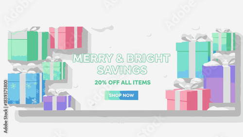 Vibrant illustration showcasing an array of colorful gift boxes, ideal for advertising seasonal discounts and festive shopping promotions
