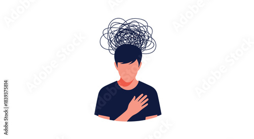 Faceless man with a tangled scribble over his head representing mental health issues like anxiety stress or depression.