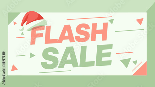 Captivating holiday flash sale banner with a festive Santa hat, dynamic geometric design, and bold typography, ideal for seasonal promotions, discount offers, and limited-time deals