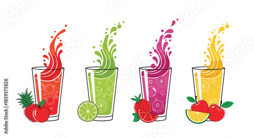 Set of four glasses filled with colorful splashing fruit juices like apple lime strawberry and cherry on white.