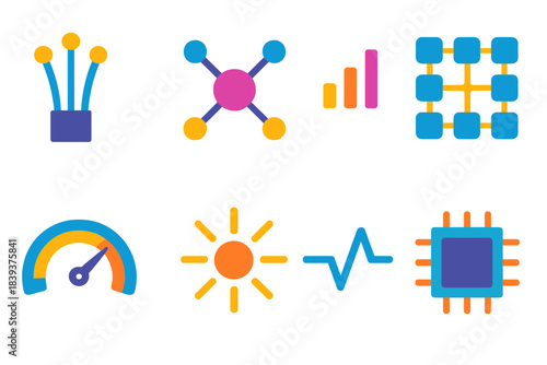Modern Network Icons. Ultra-fast network pathways flat set: optical fiber strip, data relay node, signal wave bar, routing grid tile, throughput gauge, latency light, flow path