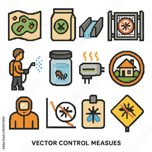 Vector Control Icons. Vector Control Measures pixel style set: larval habitat map, treatment granule bag, water-flow channel icon, insect barrier gate, perimeter spray wand,