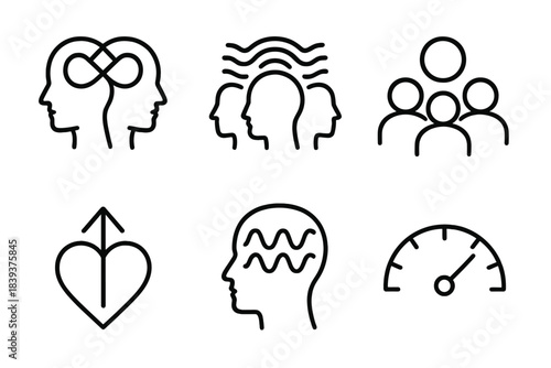 Unified Cognitive Symbols. Collective Mind Alignment linear set: shared cognition link, resonance pattern, group focus orb, unified intention symbol, mental rhythm line, synchrony