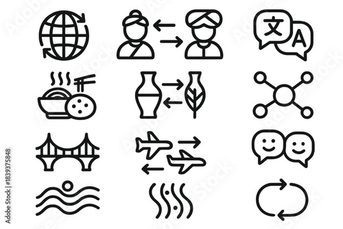 Cultural Exchange Icons. Cultural Exchange Icons linear set: global arrows, shared traditions icon, language bubble swap, cultural dish symbols, artifact exchange, connection nodes