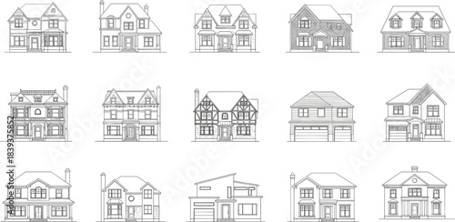 Vector Line Art Set of Various Detached Houses, Traditional and Modern Residential Architecture, Home, Outline Drawing Collection, Real Estate.