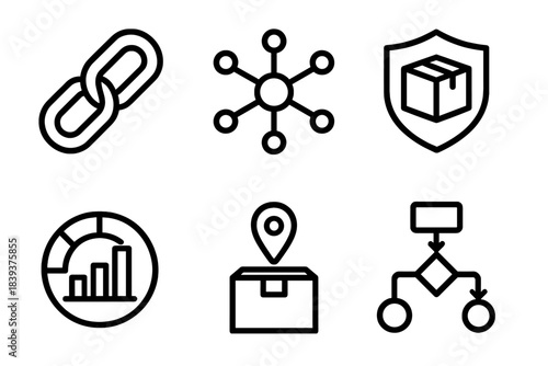 Supply Chain Icons. Supply chain coordination linear set: chain link, hub network, shipment badge, stock level bar, checkpoint marker, flow chart.