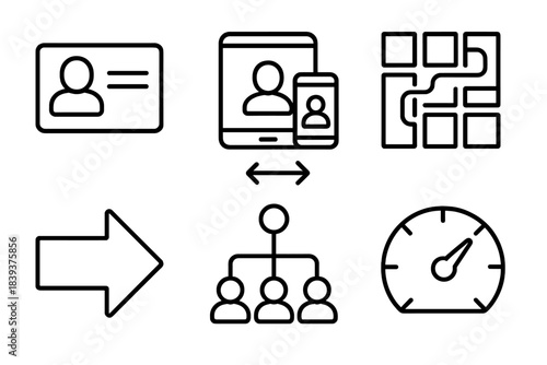 Healthcare System Icons. Coordinated Care Systems linear set: shared patient profile, cross-platform sync, clinical pathway tile, handoff arrow, care team node, performance dial.
