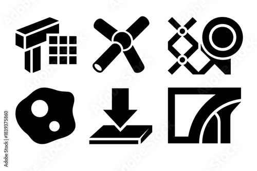 Bold Architectural Icons. Next-Generation Architecture Modes silhouette set: modular beam tile, smart joint node, lattice structure bar, responsive panel ring, adaptive material