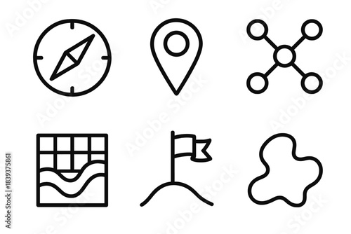 Compass and Nodes Mapping. Exploratory Design Mapping linear set: compass marker, concept nodes, connecting threads, terrain grid, discovery flag, evolving shape.