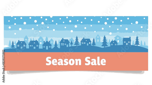Festive Winter Season Sale Banner Illustration Depicting a Snowy Village Landscape with Cozy Houses and Falling Snow, Ideal for Holiday Promotions and Discount Advertisements