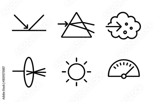 Light Dynamics Icons. Light Dynamics Set linear set: reflection plane, refraction prism, scattering mist, focused beam, diffuse glow, intensity gauge.