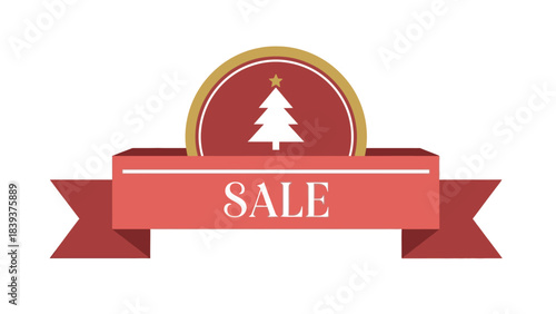 Festive winter sale banner design featuring a classic red ribbon and a decorative Christmas tree emblem, ideal for seasonal shopping promotions and special holiday offers