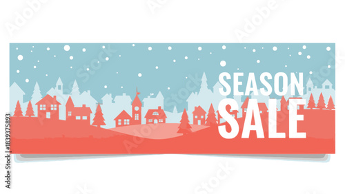 Charming winter village illustration banner with falling snow, featuring prominent 'Season Sale' promotional text for holiday shopping discounts and festive promotions