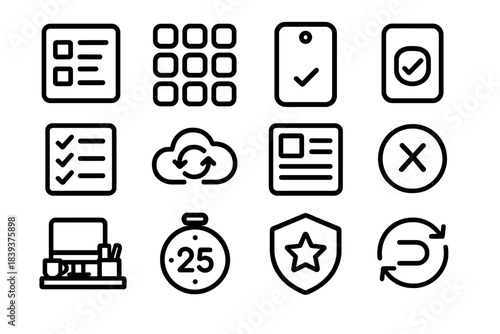 Digital Workflow Icons. Digital Workflow Essentials linear set: time block chart, app launcher panel, reminder tag, status tracker, progress checklist, cloud sync hub, research
