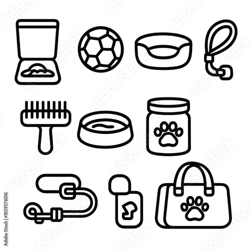 Pet Gear Icons. Complete Pet Gear linear set: food feeder, chew ball, soft bed, leash and buckle, grooming comb, hydration dish, snack jar, pet tote.