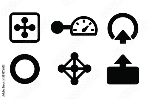 Brutalist Authority Icons. Distributed authority frameworks silhouette set: influence node tile, connection bar, reach gauge, impact arc, feedback ring, relation cluster, authority