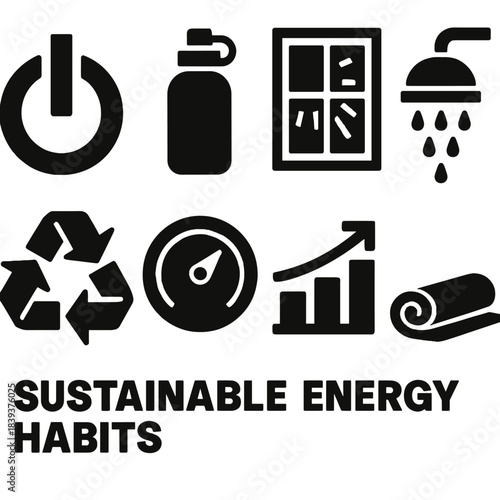 Eco-Friendly Icon Set. Sustainable Energy Habits silhouette set: power-off switch, reusable bottle, natural light window, low-flow showerhead, eco cycle symbol, mindful temperature