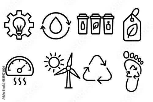 Eco-Friendly Production Icons. Sustainable Production Pack linear set: energy-efficient gear, water reuse loop, waste sorting bins, eco label, emissions gauge, renewable source