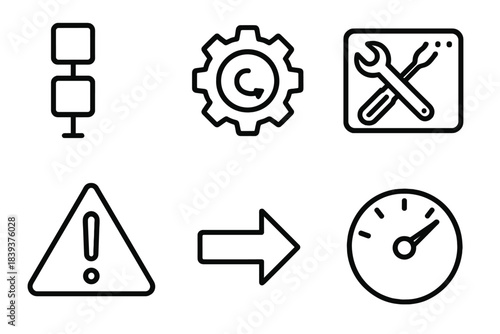 Operational Service Icons. Operational service flow linear set: task queue, gear rotation, maintenance panel, alert symbol, resolution arrow, performance meter.