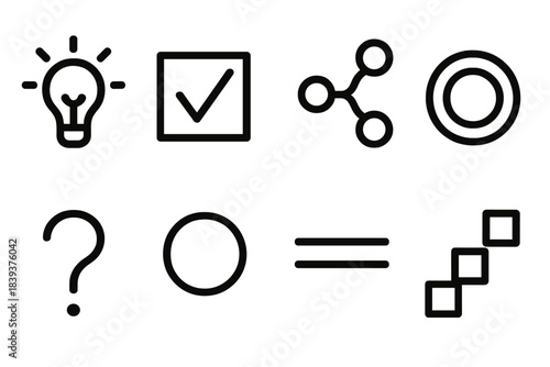 Abstract Thought Icons. Thought Process Builders linear set: idea node, deduction tile, step-by-step path, recognition ring, question marker, mapping dot, inference bar, pattern