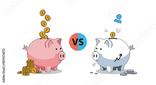 Comparison of two different savings strategies illustrated with a full pink piggy bank versus a lean white piggy bank.