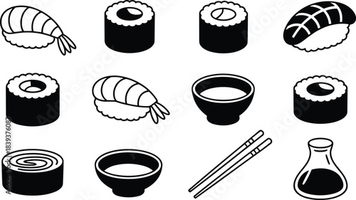 Japanese Sushi Roll and Shrimp Icons Soy Sauce Chopsticks Asian Food Set