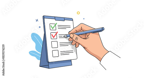 Person's hand holding a pen and filling out a checklist on a clipboard with green and red check marks illustration.