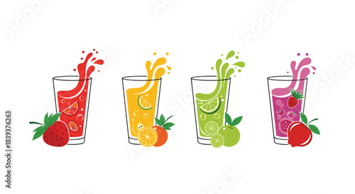 Collection of four glasses with splashing fresh fruit juice including strawberry orange lime and mixed berry flavors.