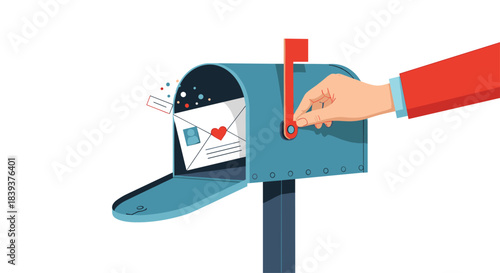 Hand in a red suit closing a blue mailbox after sending a love letter with a heart symbol inside.