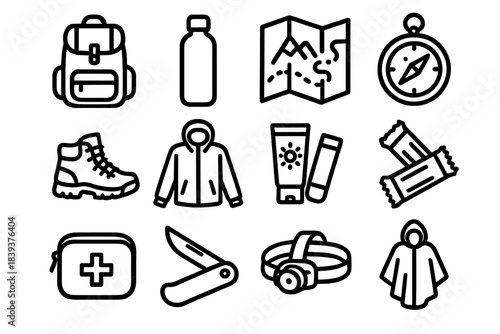 Essential Trek Gear Icons. Outdoor Trek Basics linear set: daypack, insulated water flask, trail map, navigation compass, hiking shoes, windbreaker, sunblock stick, energy bars,