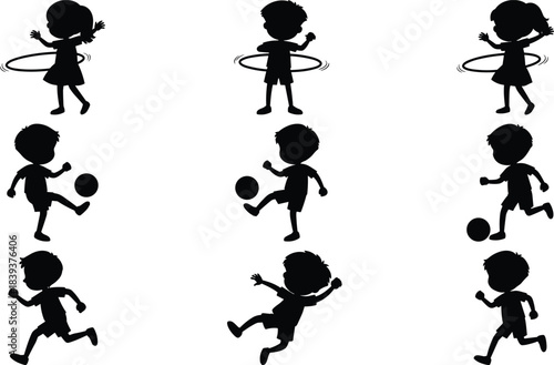 Vector Set of Children Silhouettes Playing Sports, Including Kids with Hula Hoops, Kicking and Running with Soccer Balls, Representing Fun and Active Lifestyle.