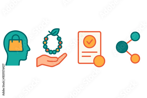 Sustainable Purchase Icons. Purposeful Consumption Patterns flat set: mindful-purchase tile, resource-aware bead, impact-assess node.