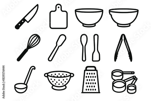 Kitchen Tools Icons. Kitchen Essentials linear set: chef’s knife, paring knife, cutting board, mixing bowl, whisk, spatula, wooden spoon, tongs, ladle, colander, grater, measuring