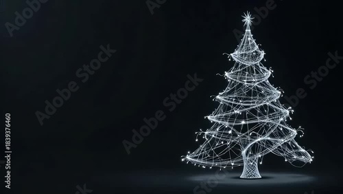 Glowing wire christmas tree light sculpture on dark background for modern holiday decoration concept minimal festive design and winter season celebration intro or background use