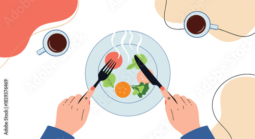 Top-down view of hands holding a fork and knife over a plate of healthy food with two cups of coffee.
