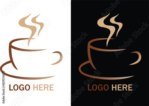 Coffee icon and logo design. Isolated vector company logo with hot coffee or tea brown cup element with aroma steam and lettering Company Name. On white background