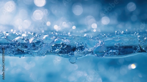 Close-Up of Bubbles Forming in Clear Blue Water with Sparkling Light