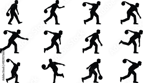 Vector Set of Male Bowling Player Silhouettes in Various Dynamic Poses, Including Throwing the Ball and Approaching the Lane, Representing Sport and Hobby.